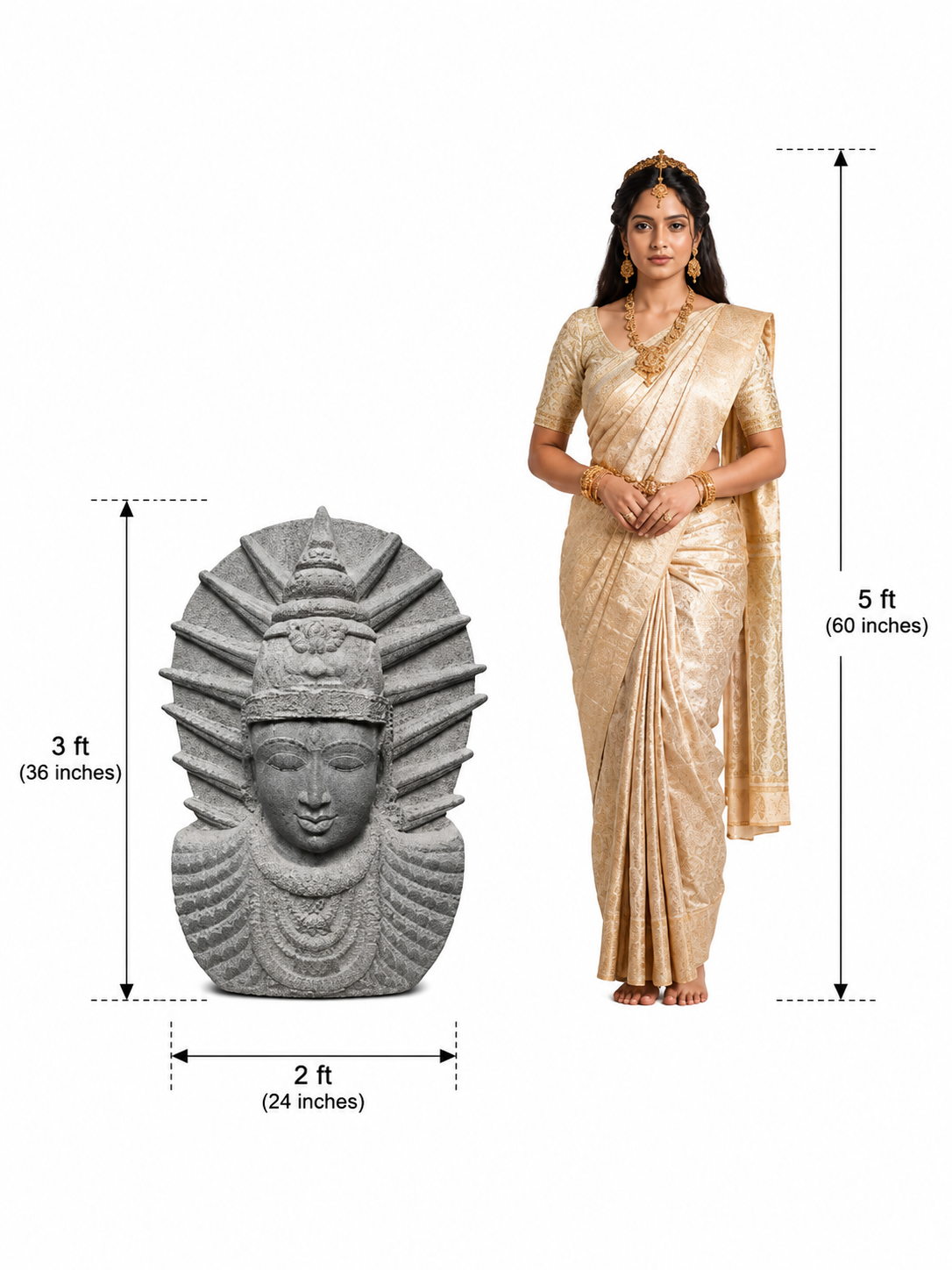 Hand-carved 3 ft Majestic Crowned Deity Stone Bust in natural Charnockite stone, product view 5 showing the sculpture and carved details.