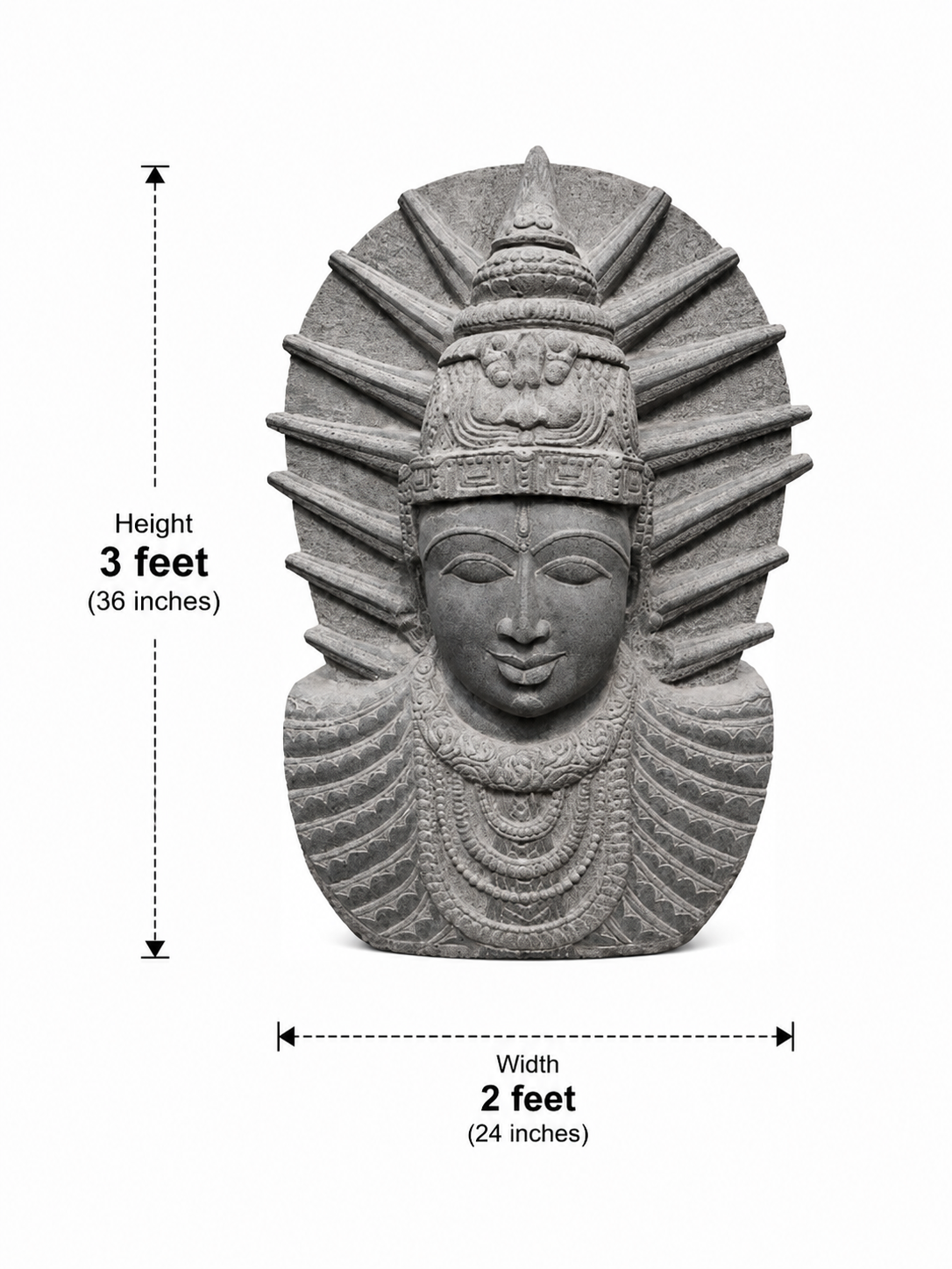 Hand-carved 3 ft Majestic Crowned Deity Stone Bust in natural Charnockite stone, product view 6 showing the sculpture and carved details.