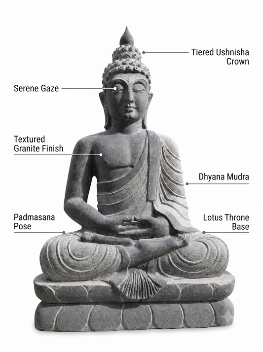 Hand-carved 3 ft Meditating Buddha on Lotus Throne Statue in natural Charnockite stone, product view 2 showing the sculpture and carved details.