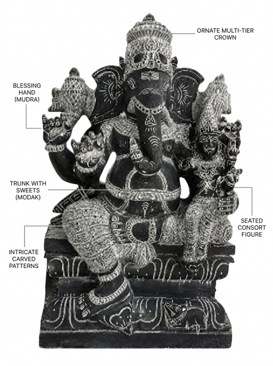 Hand-carved 3 ft Parvati Vinayagar statue in natural stone, product view 2 highlighting the paired deity form and carved details.