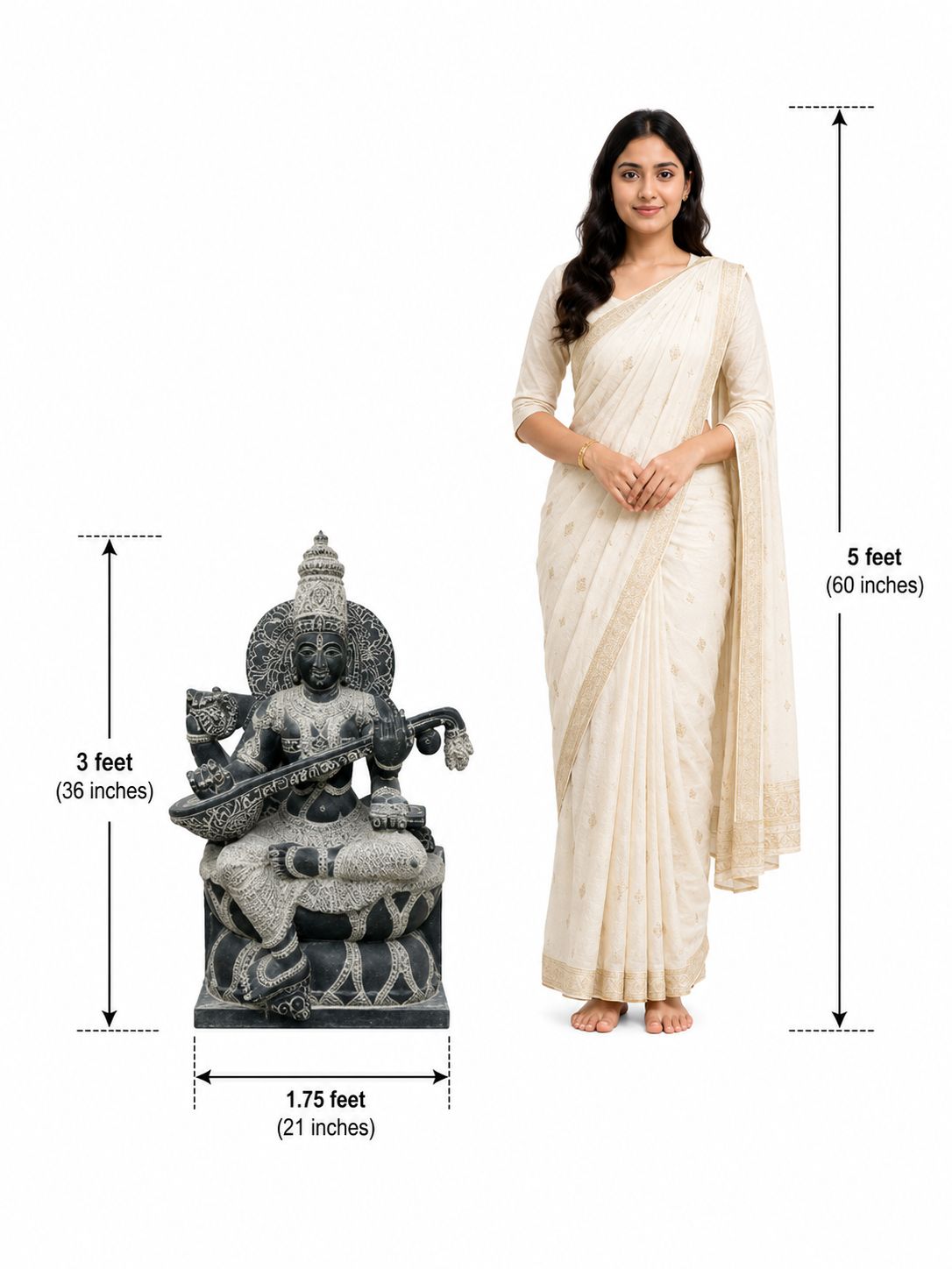 Hand-carved 3 ft Saraswati statue in natural stone, product view 5 highlighting the sculpture and carved details.
