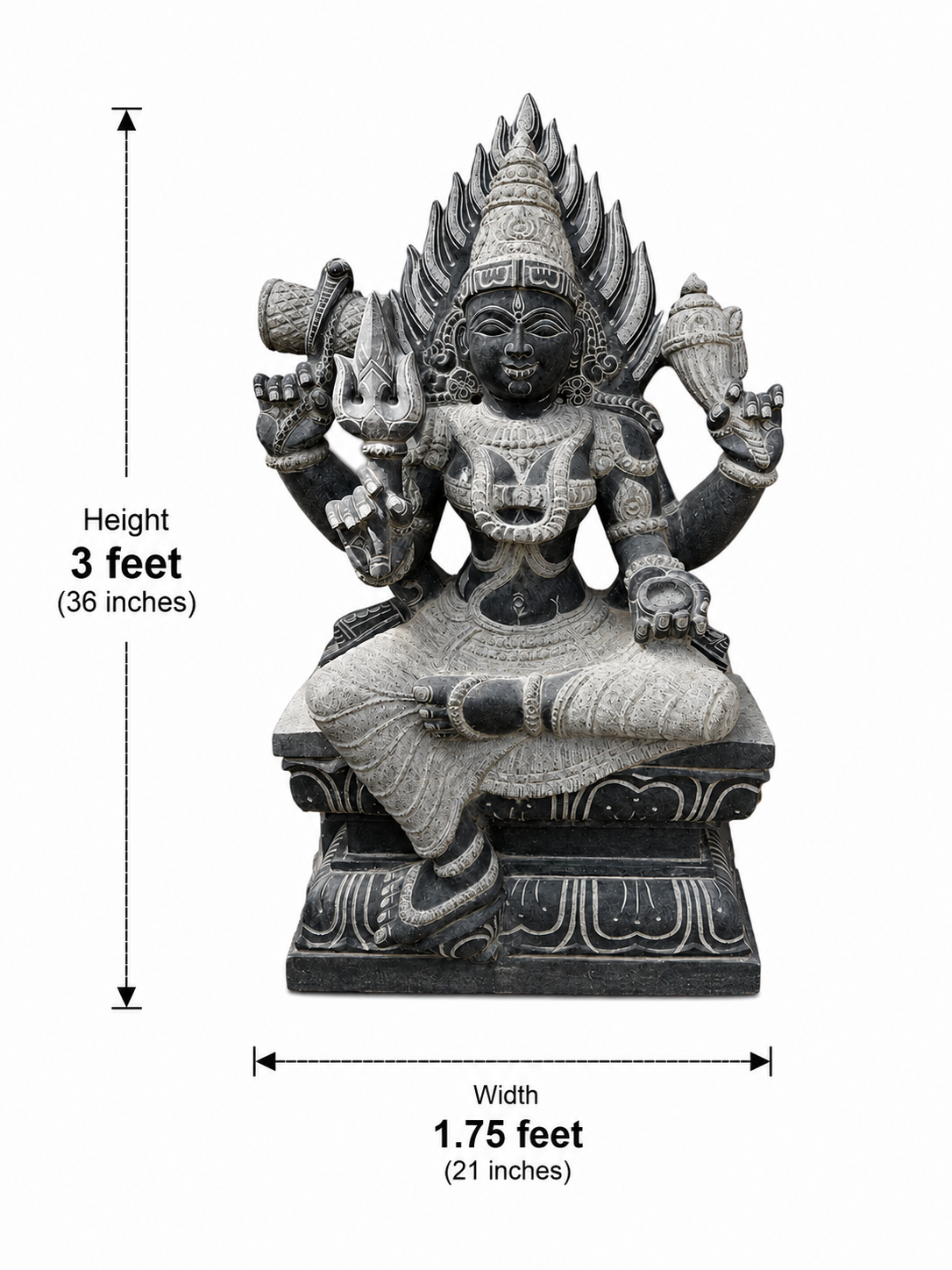 Hand-carved 3 ft Sivakami Amman statue in polished black stone shown beside an adult model for scale with measurements.