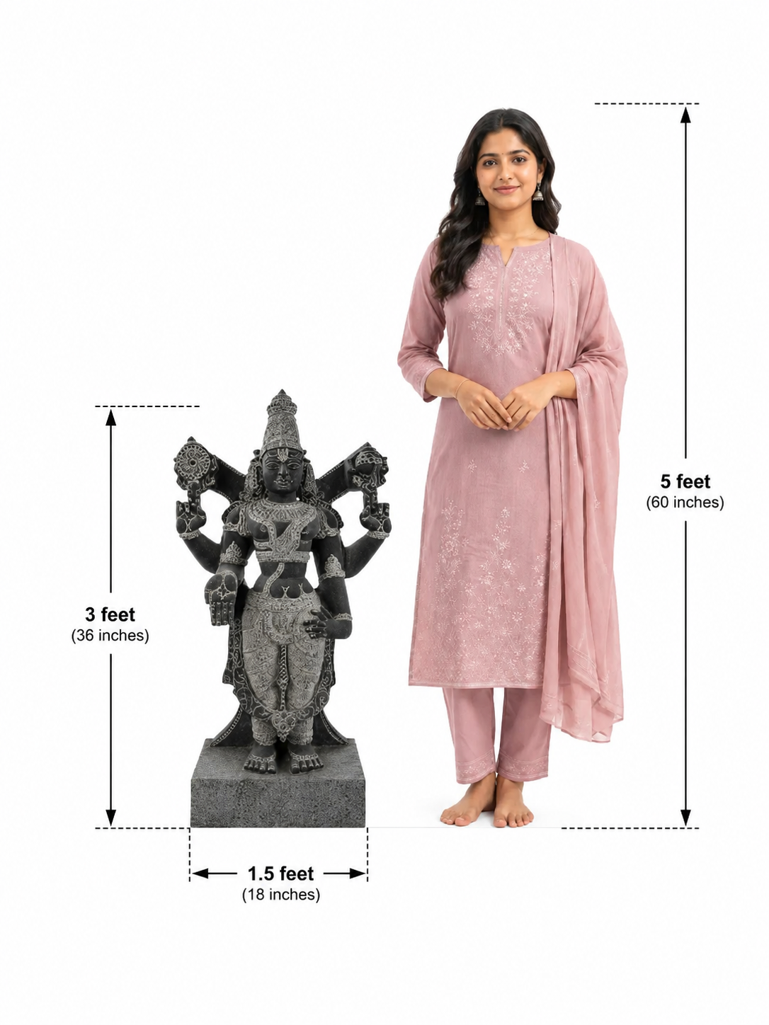 Hand-carved 3 ft Venkatesa Perumal statue in natural stone, product view 6 highlighting the sculpture and carved details.