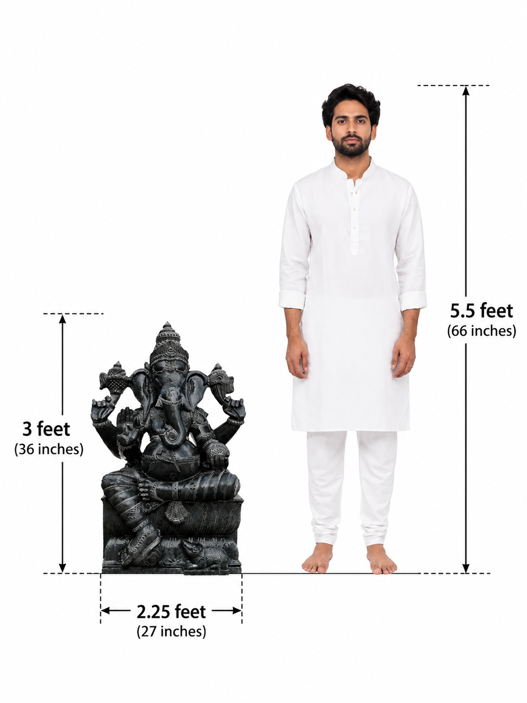 Hand-carved 3 ft Vinayagar Ganesha statue in natural Charnockite stone, product view 4 highlighting the deity form and carved details.