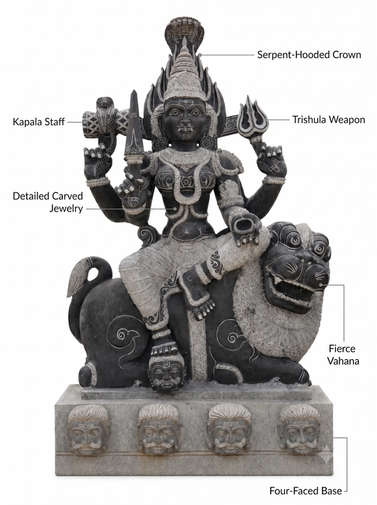 Hand-carved 4.5 ft Ankala Parameswari statue in natural stone, product view 2 highlighting the sculpture and carved details.