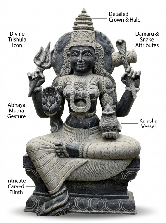 Hand-carved 4.5 ft Mahadevi statue in natural Charnockite stone, product view 2 highlighting the goddess form and carved details.