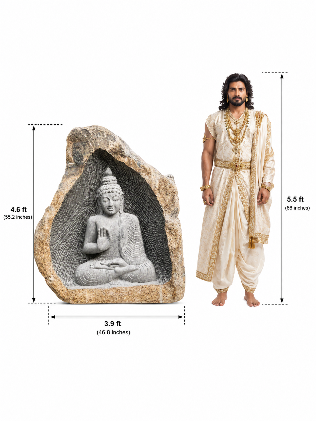 Hand-carved 4.6 ft Blessing Buddha Boulder Statue in natural Charnockite stone, product view 5 showing the sculpture and carved details.