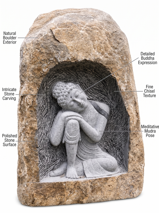 Hand-carved 4.6 ft Resting Buddha Natural Boulder Sculpture in natural Charnockite stone, product view 2 showing the sculpture and carved details.