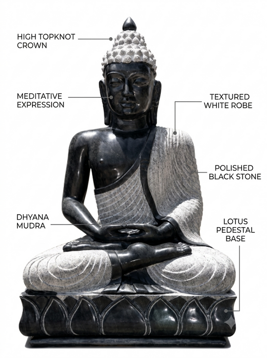 Hand-carved 4 ft Buddha statue in natural stone, product view 2 highlighting the meditative form and carved details.