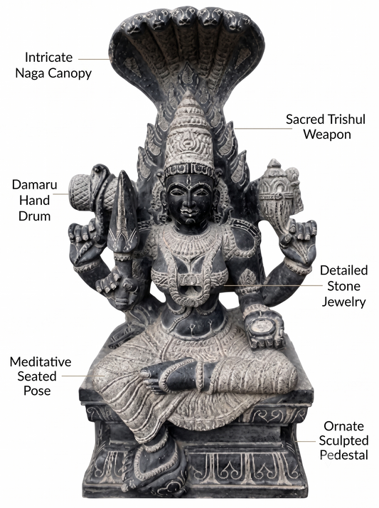 Hand-carved 4 ft Karpagambal statue in natural stone, product view 2 highlighting the goddess form and carved details.