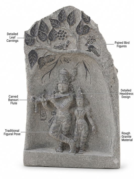 Hand-carved 4 ft Radha Krishna Beneath the Tree Relief Sculpture in natural Charnockite stone, product view 2 showing the sculpture and carved details.