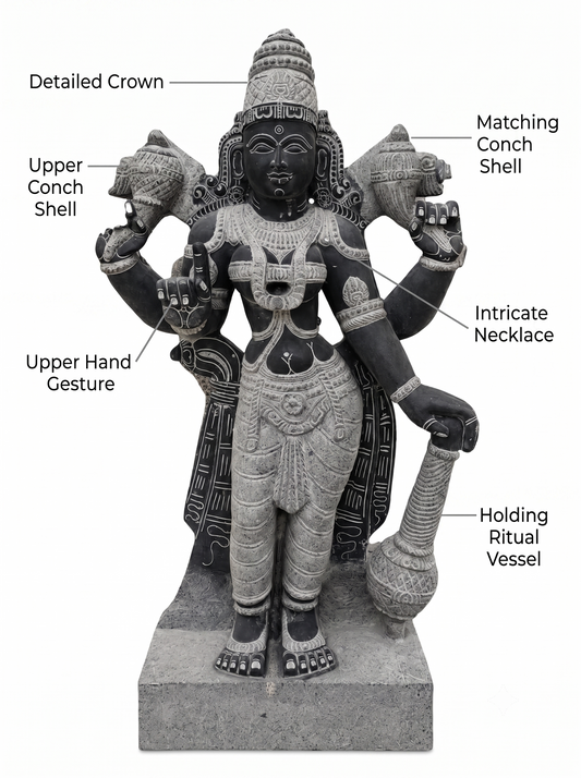 Hand-carved 4 ft Sri Devi statue in natural Charnockite stone, product view 2 highlighting the goddess form and carved details.