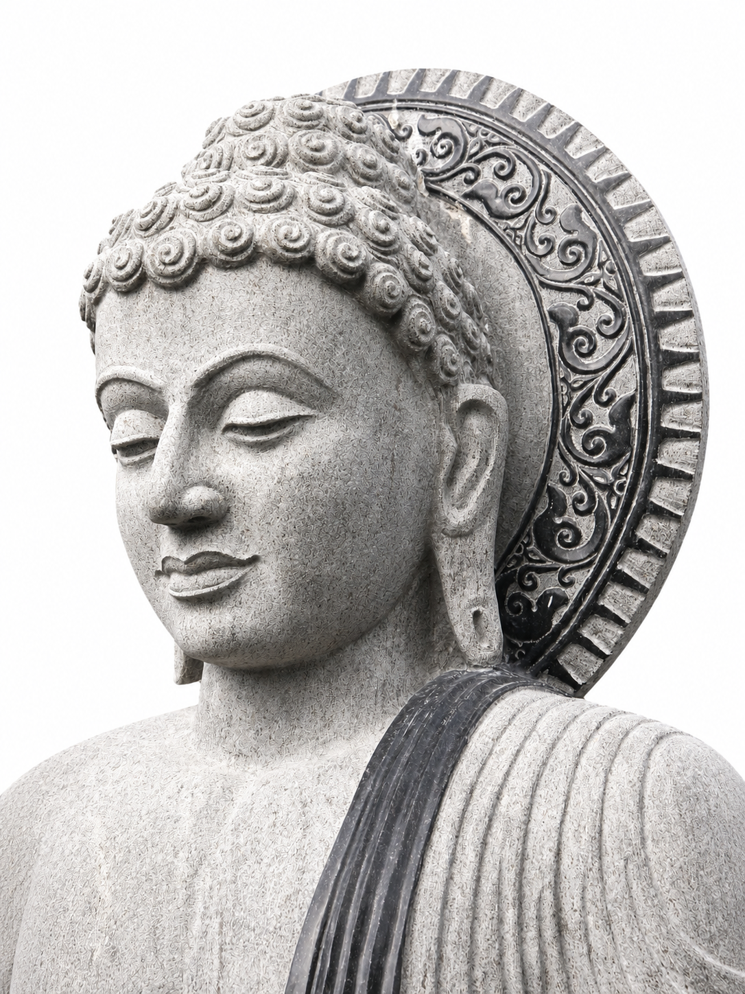 Hand-carved 5.9 ft Grand Meditating Buddha with Radiant Halo in natural Charnockite stone, product view 5 showing the sculpture and carved details.