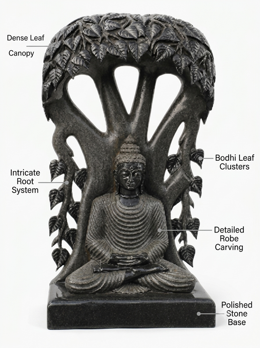 Hand-carved 5 ft Buddha under the Bodhi tree statue in natural stone, product view 2 highlighting the seated figure and tree canopy.