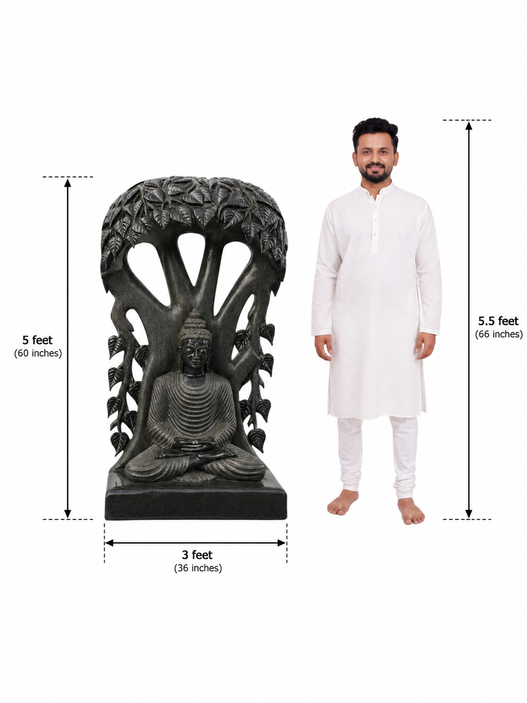 Hand-carved 5 ft Buddha under the Bodhi tree statue in natural stone, product view 6 highlighting the seated figure and tree canopy.