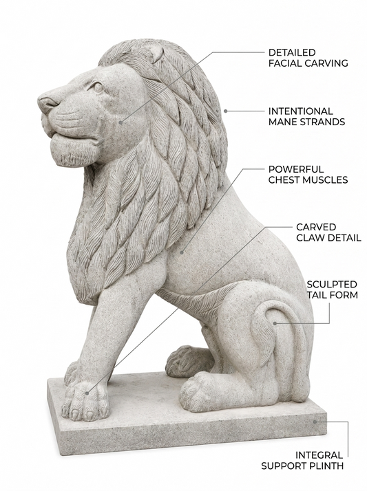 Hand-carved 5 ft Temple Guardian Lion Stone Statue in natural Charnockite stone, product view 2 showing the sculpture and carved details.