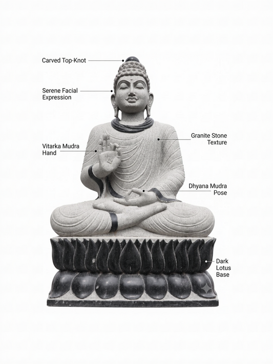 Hand-carved 6.3 ft Monumental Buddha on Lotus Throne Statue in natural Charnockite stone, product view 2 showing the sculpture and carved details.
