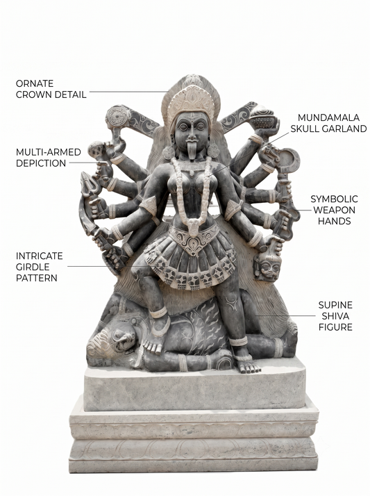 Hand-carved 6 ft Bhadrakali statue in natural stone, product view 2 highlighting the sculpture and carved details.