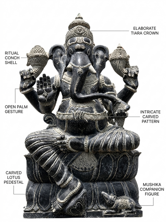 Hand-carved 6 ft Ganesha statue in natural stone, product view 2 highlighting the sculpture and carved details.