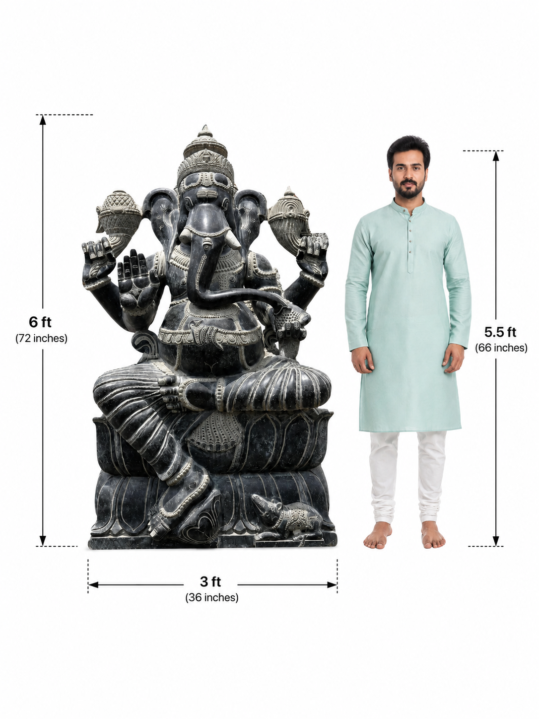 Hand-carved 6 ft Ganesha statue in natural stone, product view 4 highlighting the sculpture and carved details.