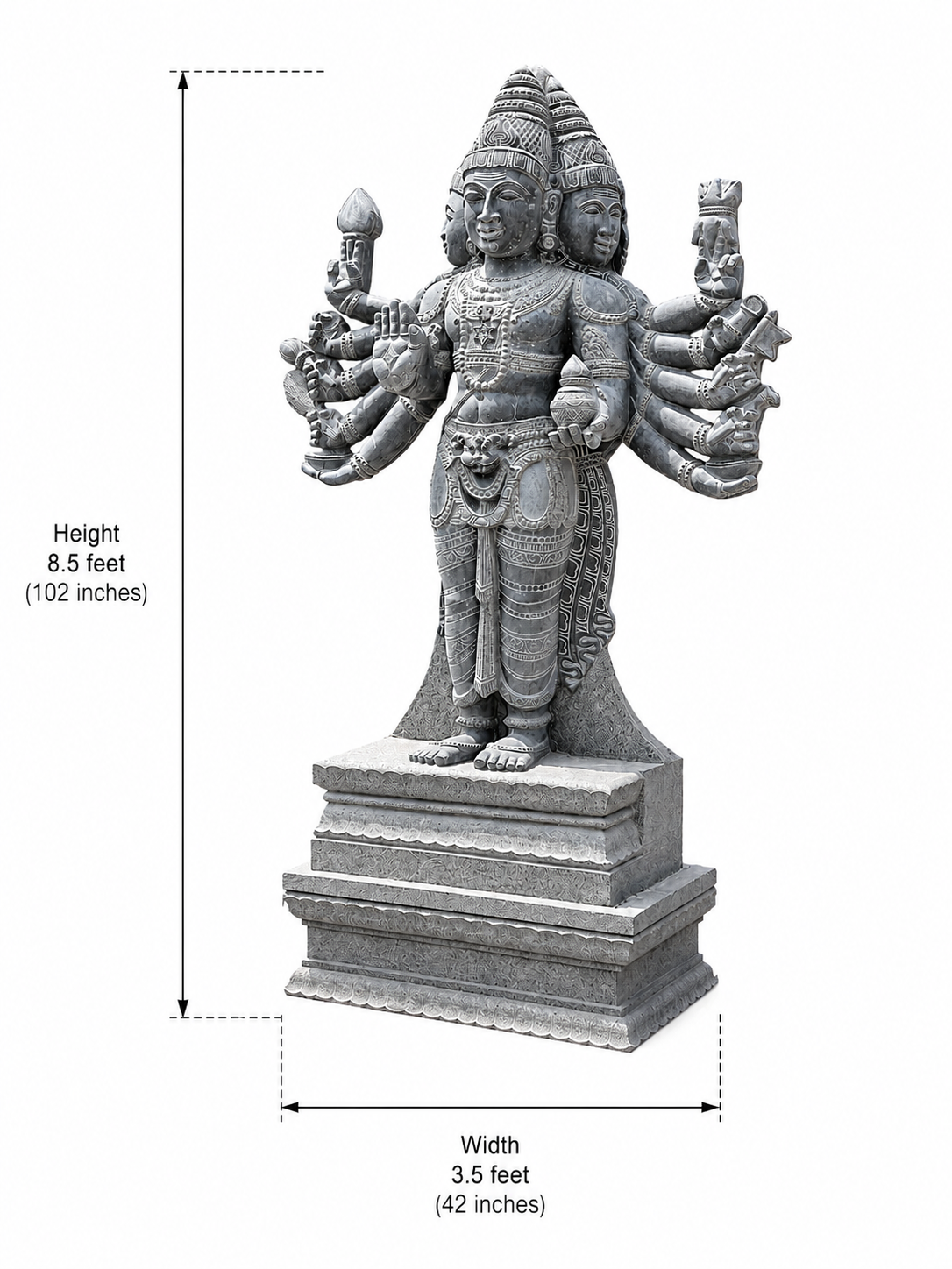 Dimension guide for a hand-carved 8.5 ft Arumuga Swamy statue in polished black stone on a white background.
