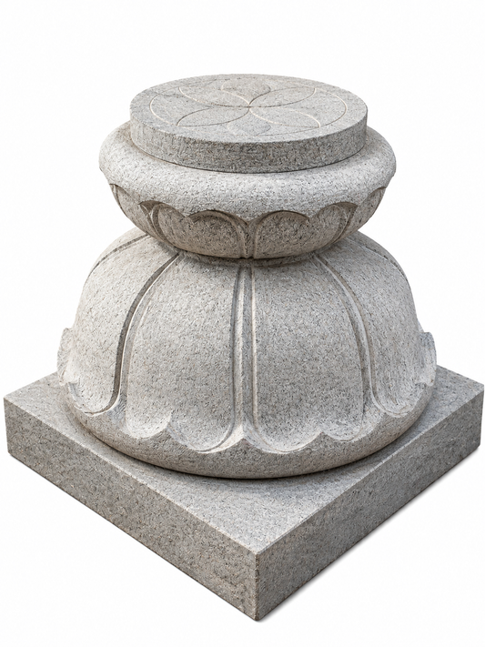 Hand-carved Lotus Balipeedam stone pedestal, product view 2 highlighting the lotus form and carved details.
