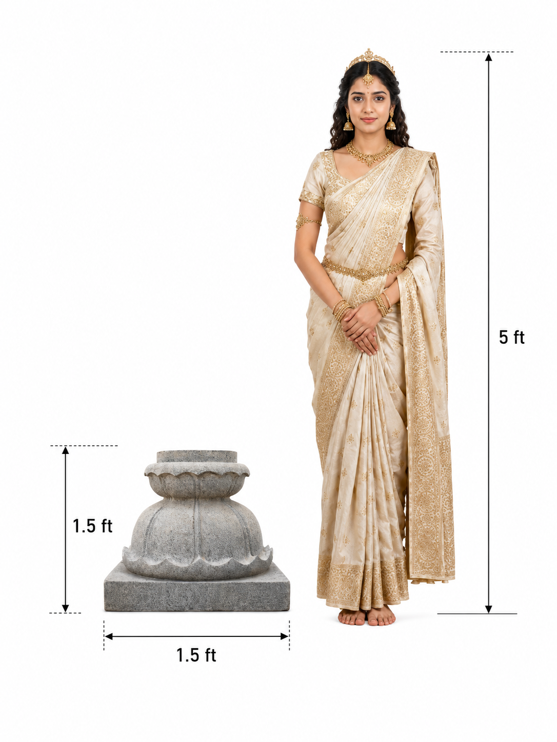 Hand-carved Lotus Balipeedam stone pedestal shown beside an adult model for scale with measurements on a white background.