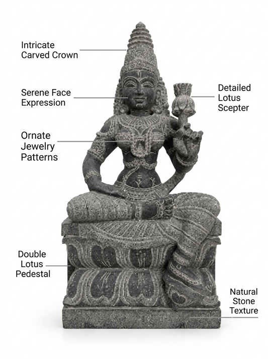 Hand-carved Mahalakshmi statue in natural stone, product view 2 highlighting the goddess form and carved details.