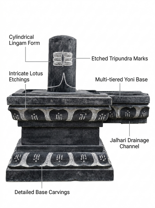 Hand-carved Shiva Lingam statue in natural stone, product view 2 highlighting the sacred form and carved details.