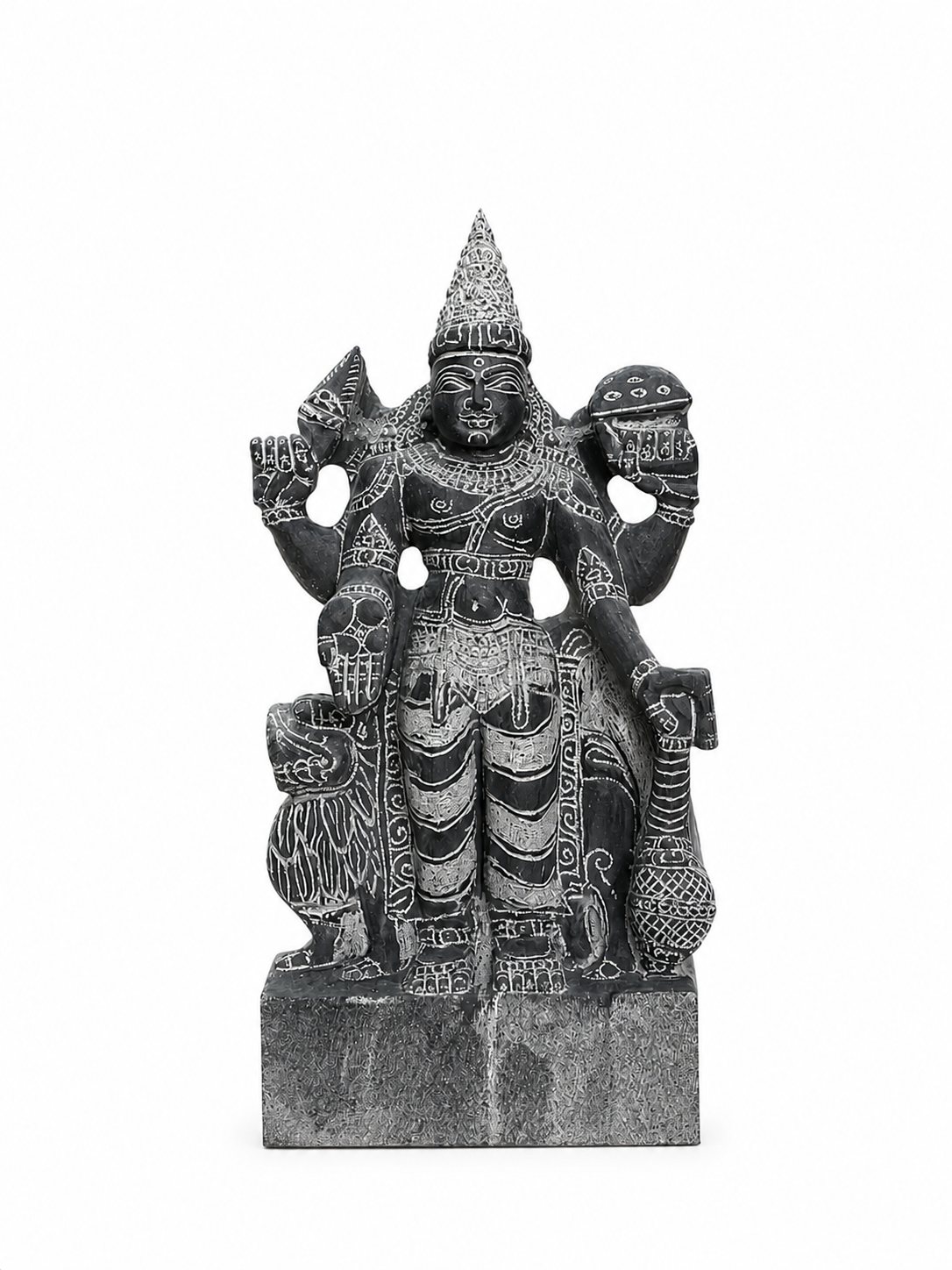 A dark gray stone statue of a multi-armed Hindu deity, likely Lord Hanuman, standing on a rectangular base against a plain white background.