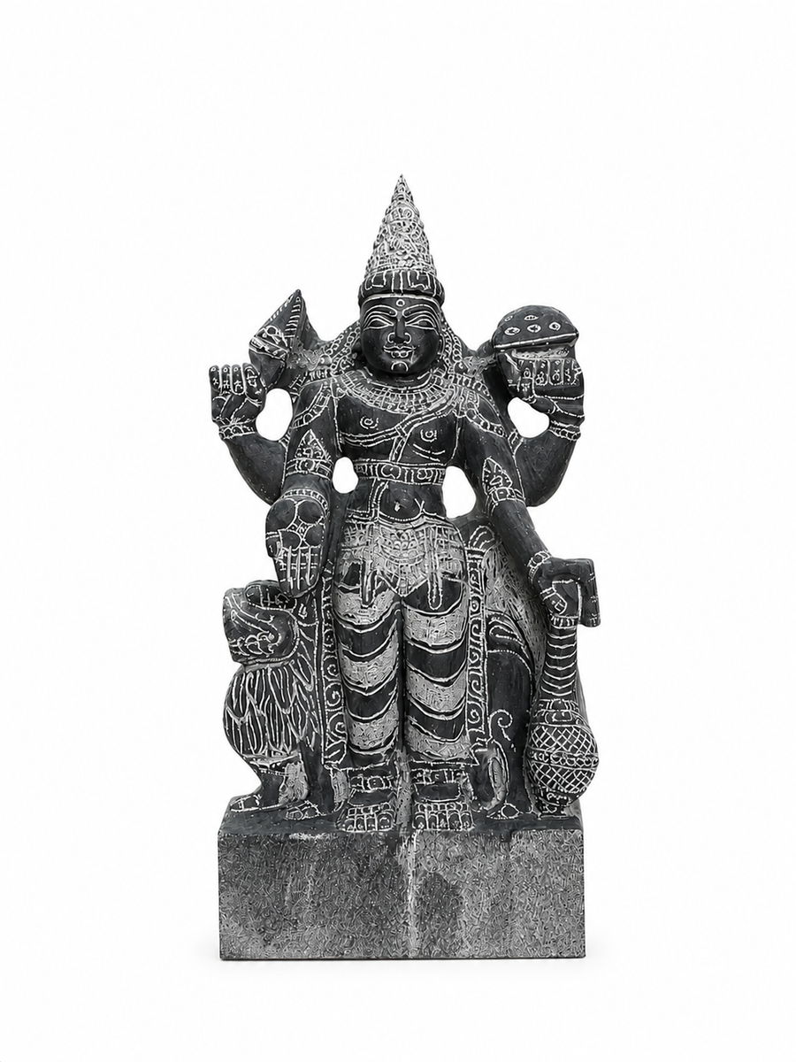 A dark gray stone statue of a multi-armed Hindu deity, likely Lord Hanuman, standing on a rectangular base against a plain white background.