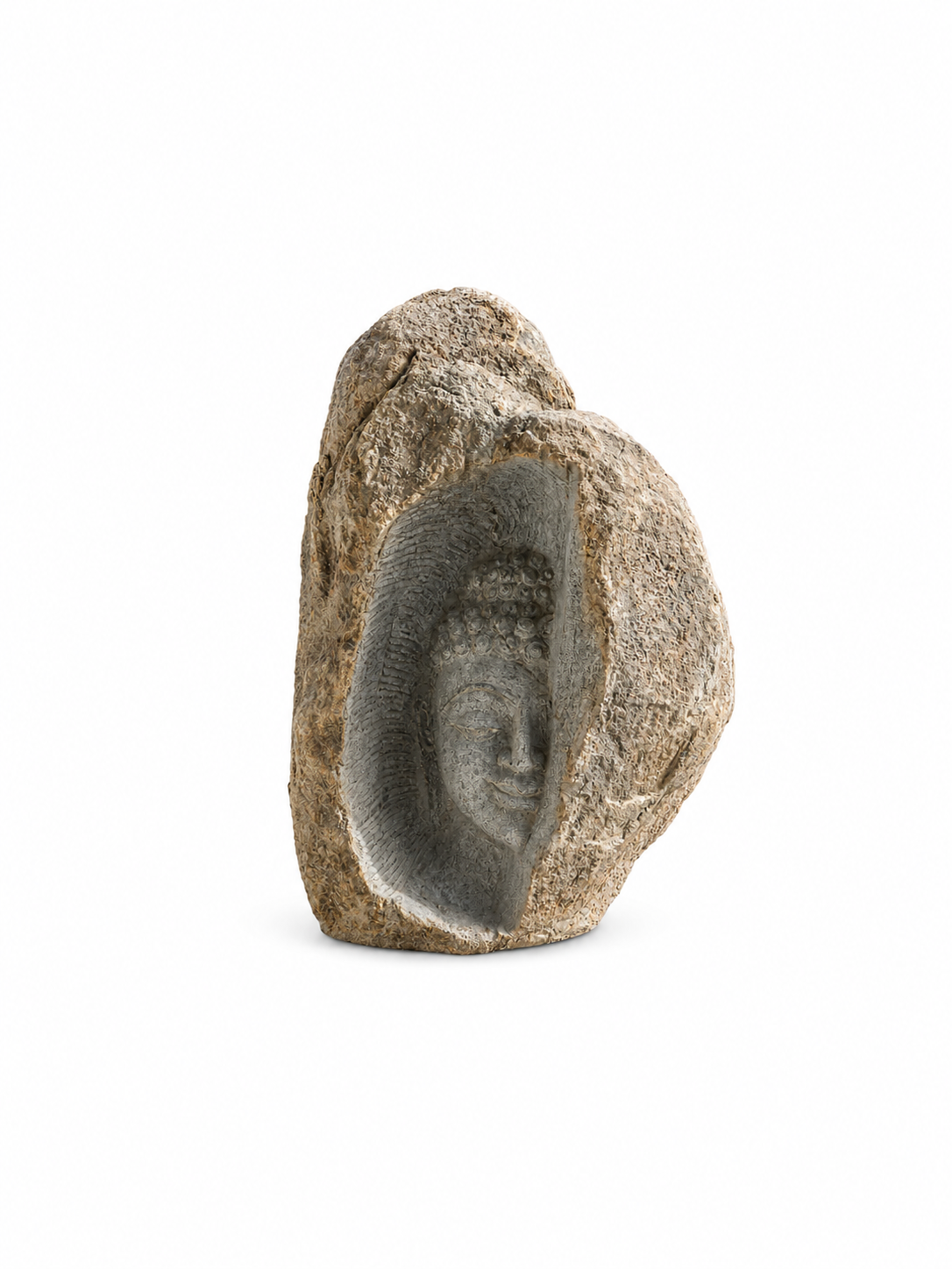 A natural stone sculpture featuring a carved gray Buddha head inside a rough, textured tan and brown outer shell, shown on a solid white background.