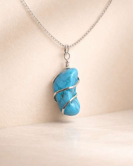 Natural Turquoise Wire-Wrapped Pendant Necklace