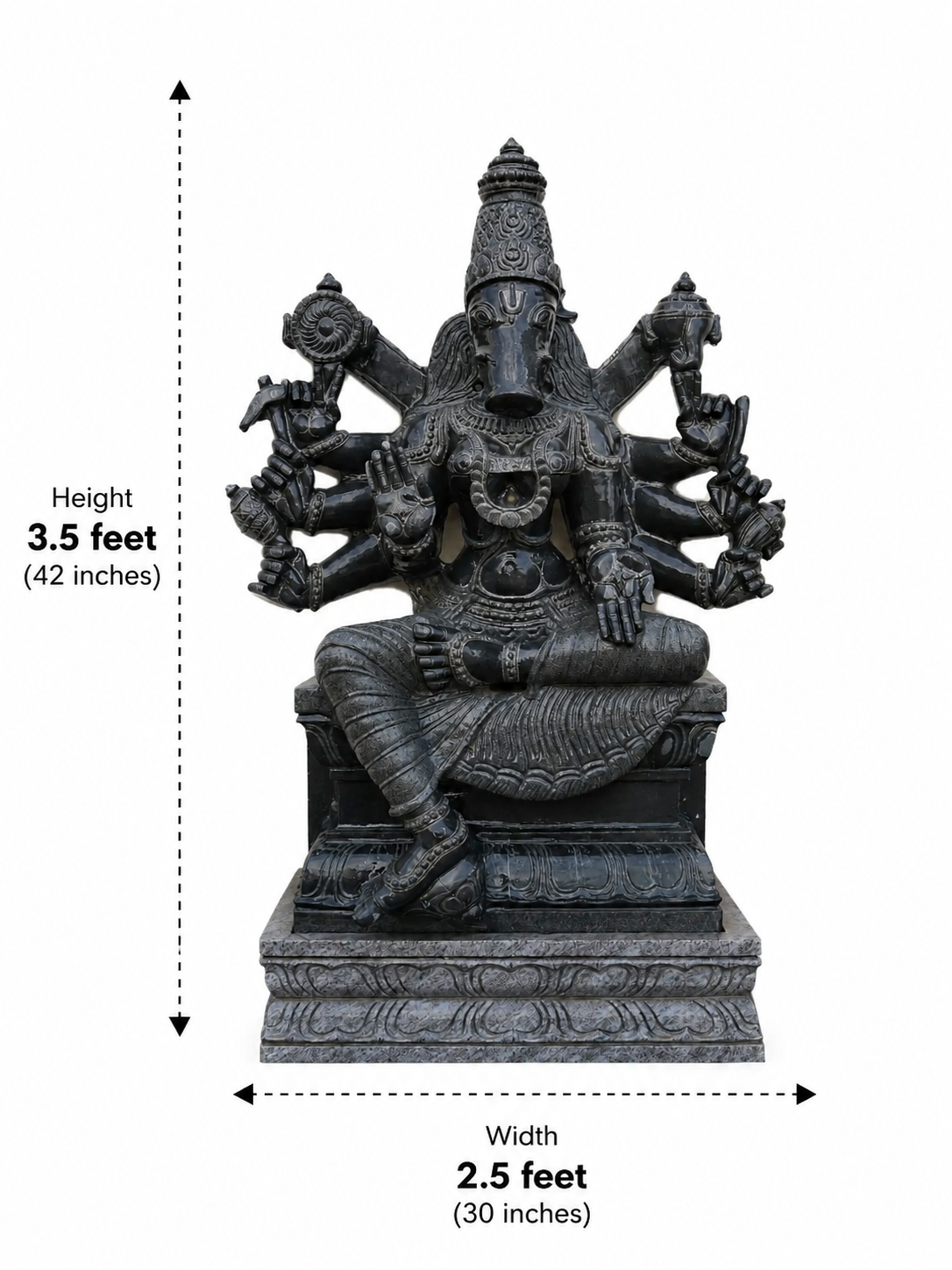 Hand-carved 3.5 ft Varahi Amman statue in natural stone, product view 4 highlighting the sculpture and carved details.
