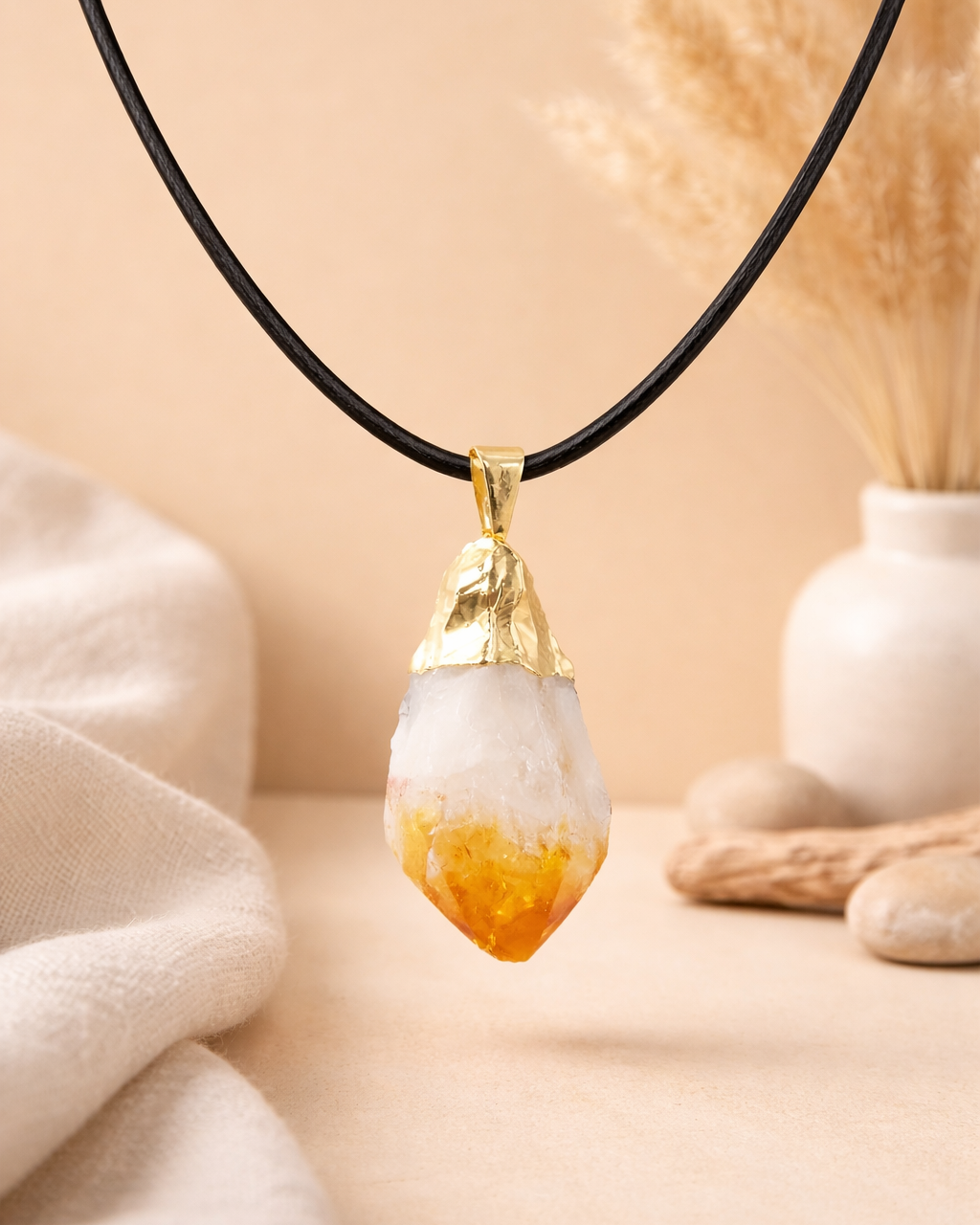Citrine Raw Crystal Pendant Black Cord