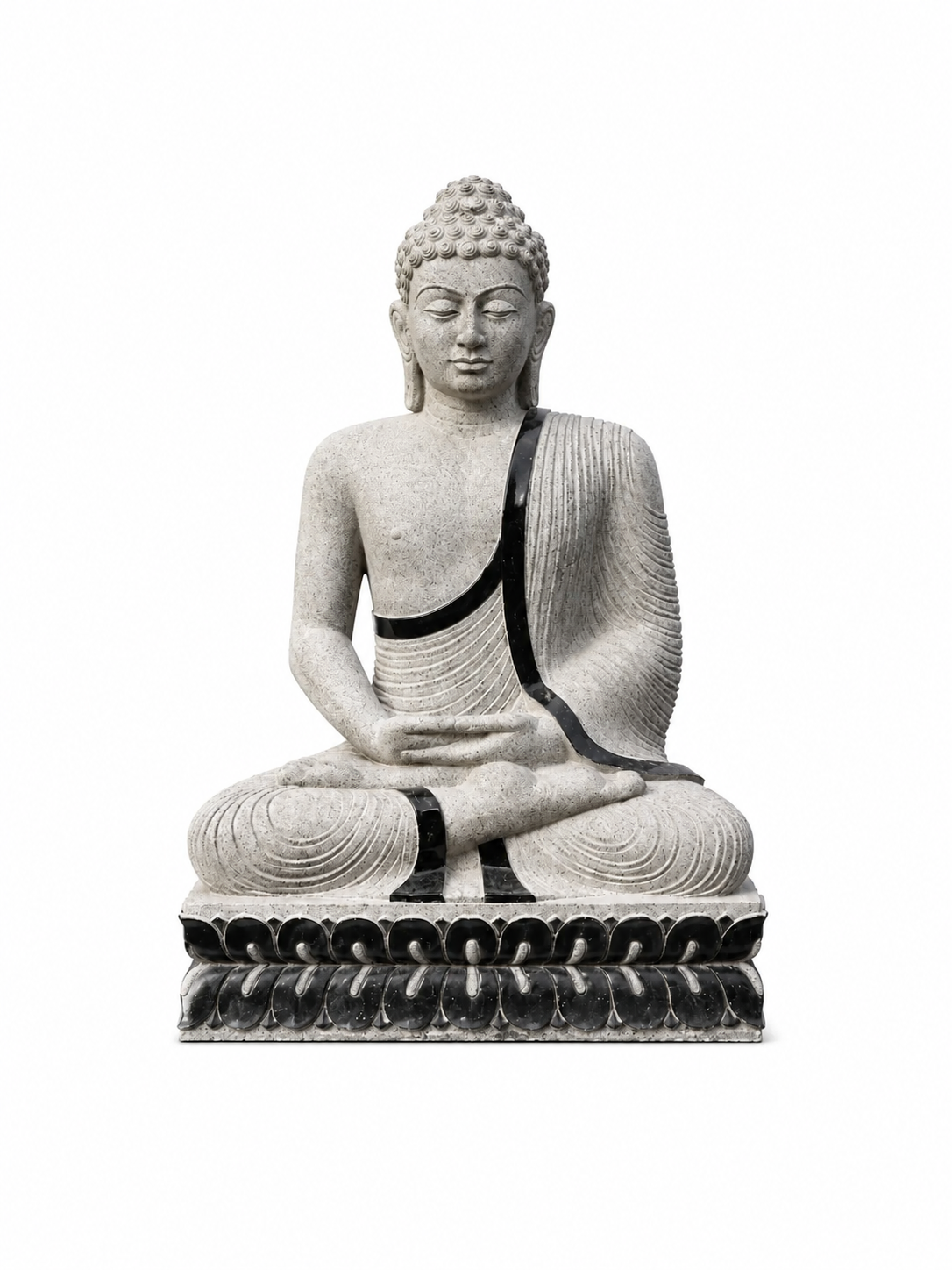 A gray stone Buddha statue in a seated meditation pose on a lotus base, isolated on a white background.