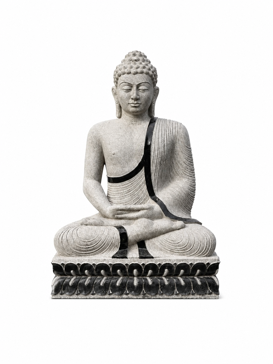 A gray stone Buddha statue in a seated meditation pose on a lotus base, isolated on a white background.