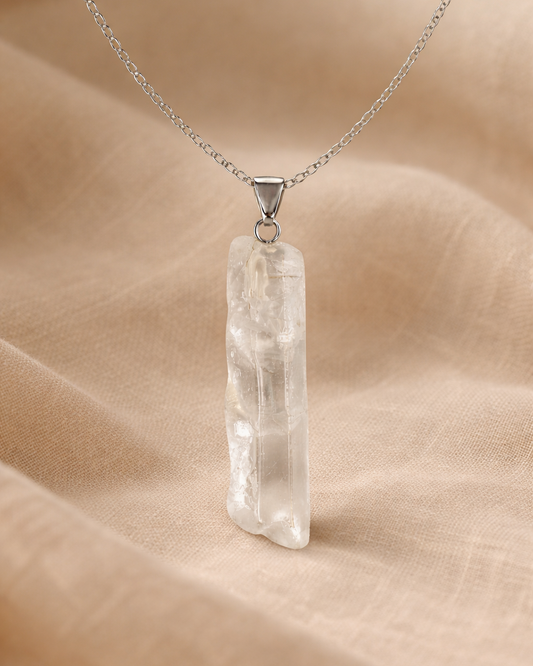 Natural Raw Clear Quartz Stainless Steel Chain Pendant Necklace