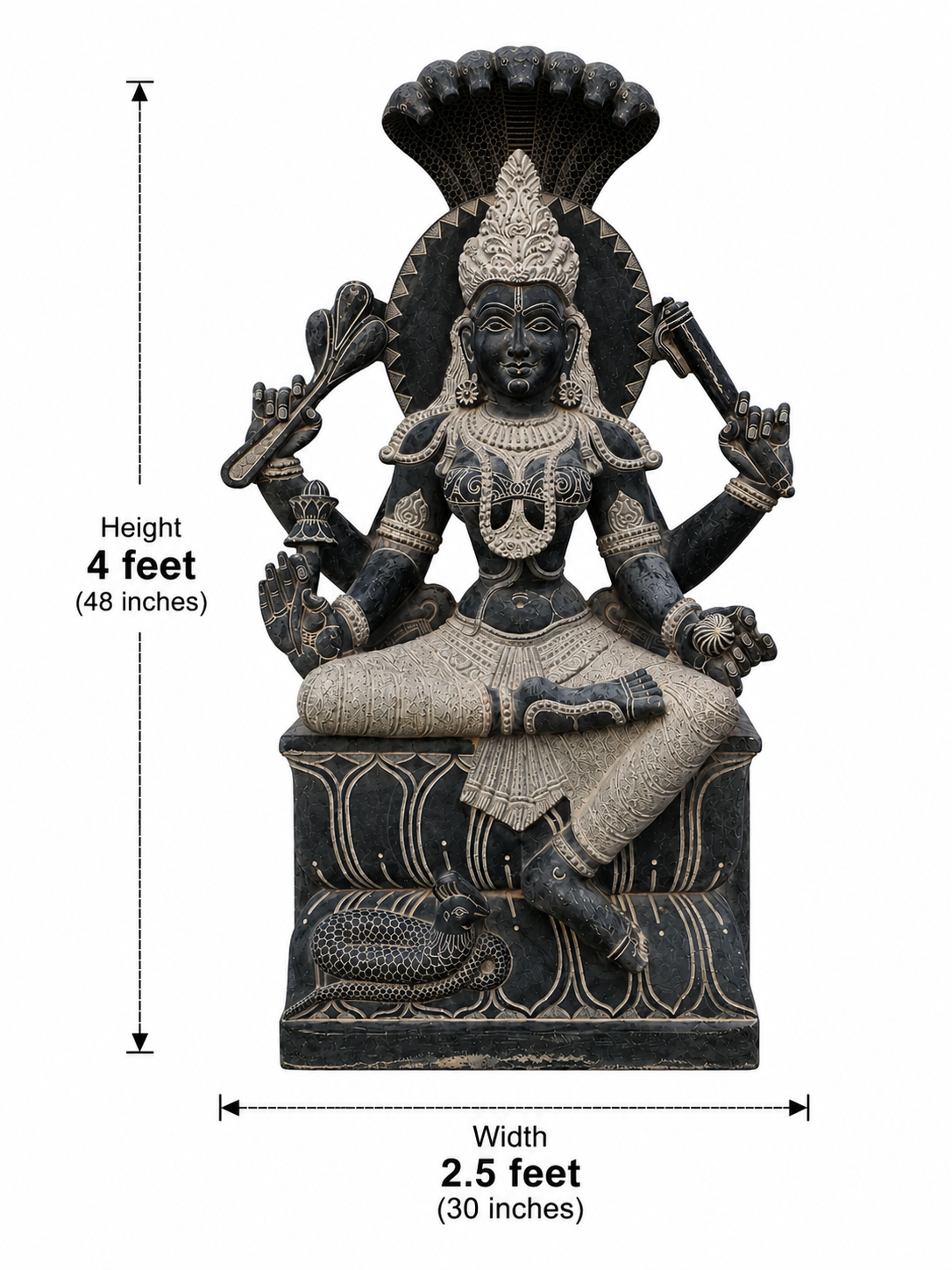 A black and beige stone statue of a seated Hindu deity with ornate jewelry and a large shell-like headdress, shown on a white background with dimension labels indicating height 4 feet and width 2.5 feet.