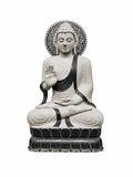 A gray stone Buddha statue seated in a meditative pose on a lotus base, with a decorative halo behind the head, shown against a plain white background.