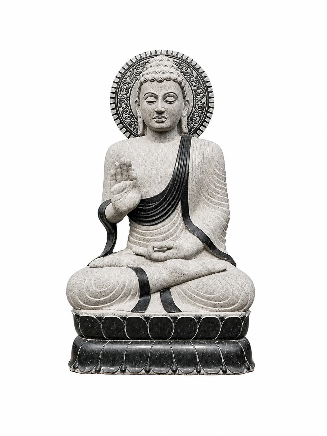 A gray stone Buddha statue seated in a meditative pose on a lotus base, with a decorative halo behind the head, shown against a plain white background.
