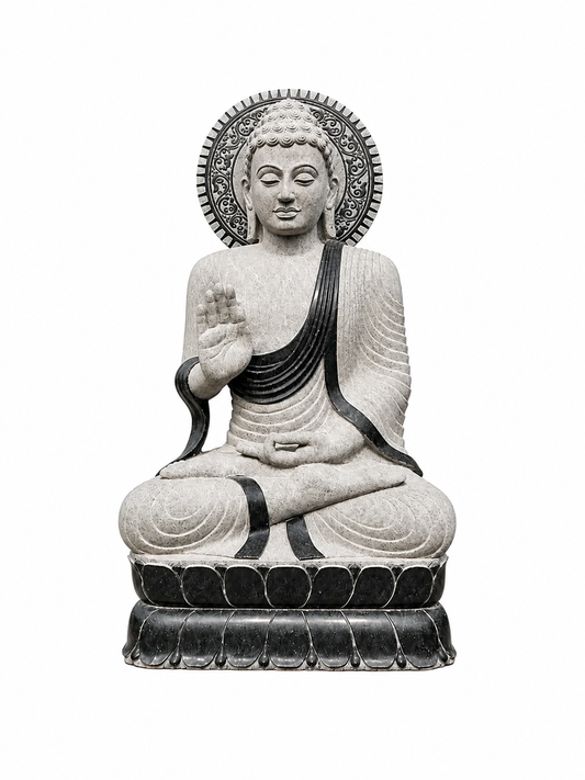 A gray stone Buddha statue seated in a meditative pose on a lotus base, with a decorative halo behind the head, shown against a plain white background.