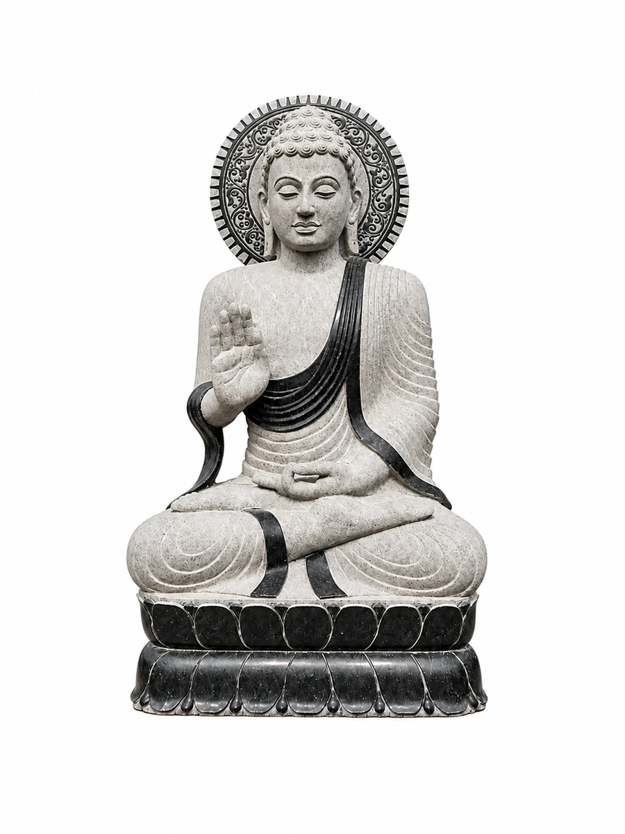 A gray stone Buddha statue seated in a meditative pose on a lotus base, with a decorative halo behind the head, shown against a plain white background.
