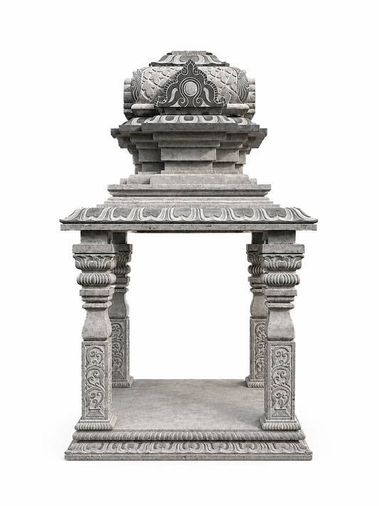 A gray stone replica of a traditional Indian temple shikhara, featuring intricate carvings and a tiered structure, isolated on a white background.