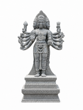 A gray stone statue of a multi-armed Hindu deity standing on a tiered pedestal, isolated on a white background.