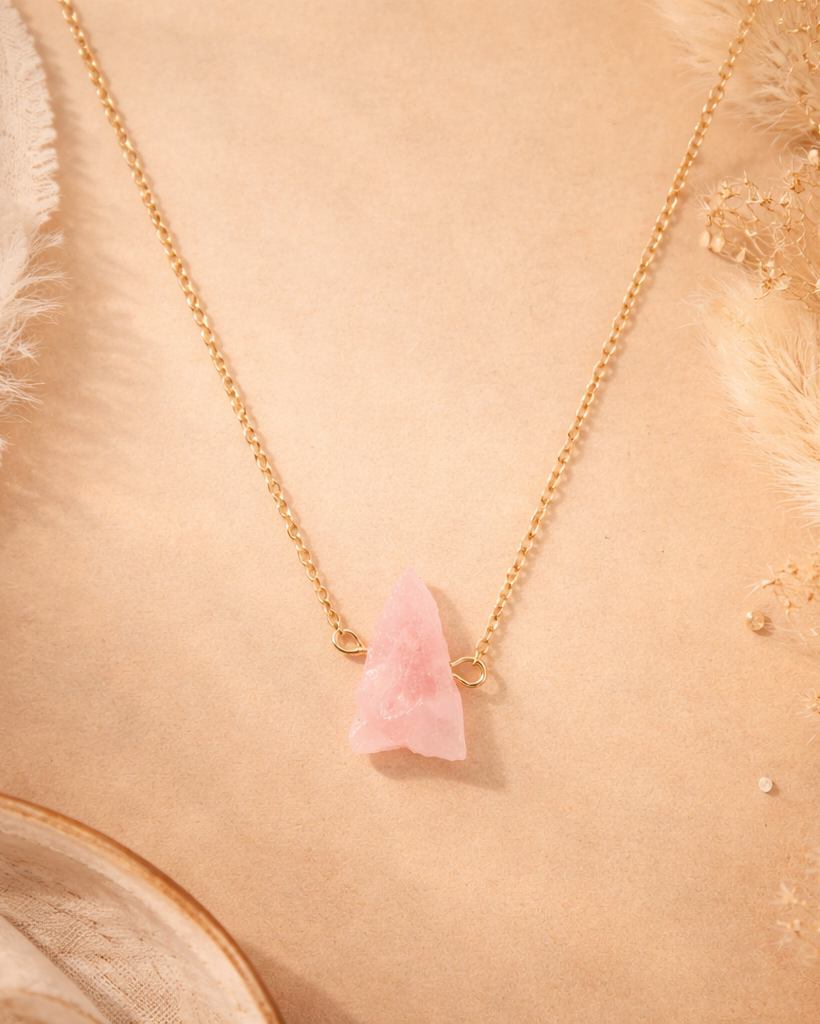 Necklace with a pink triangular pendant on a soft beige background