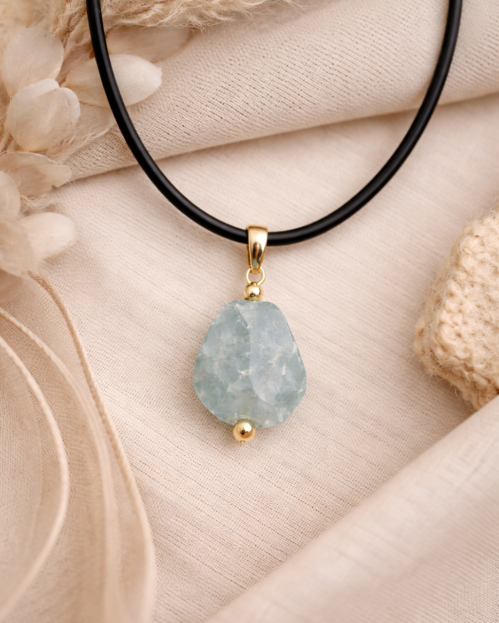 Necklace with a pendant on a soft beige fabric background