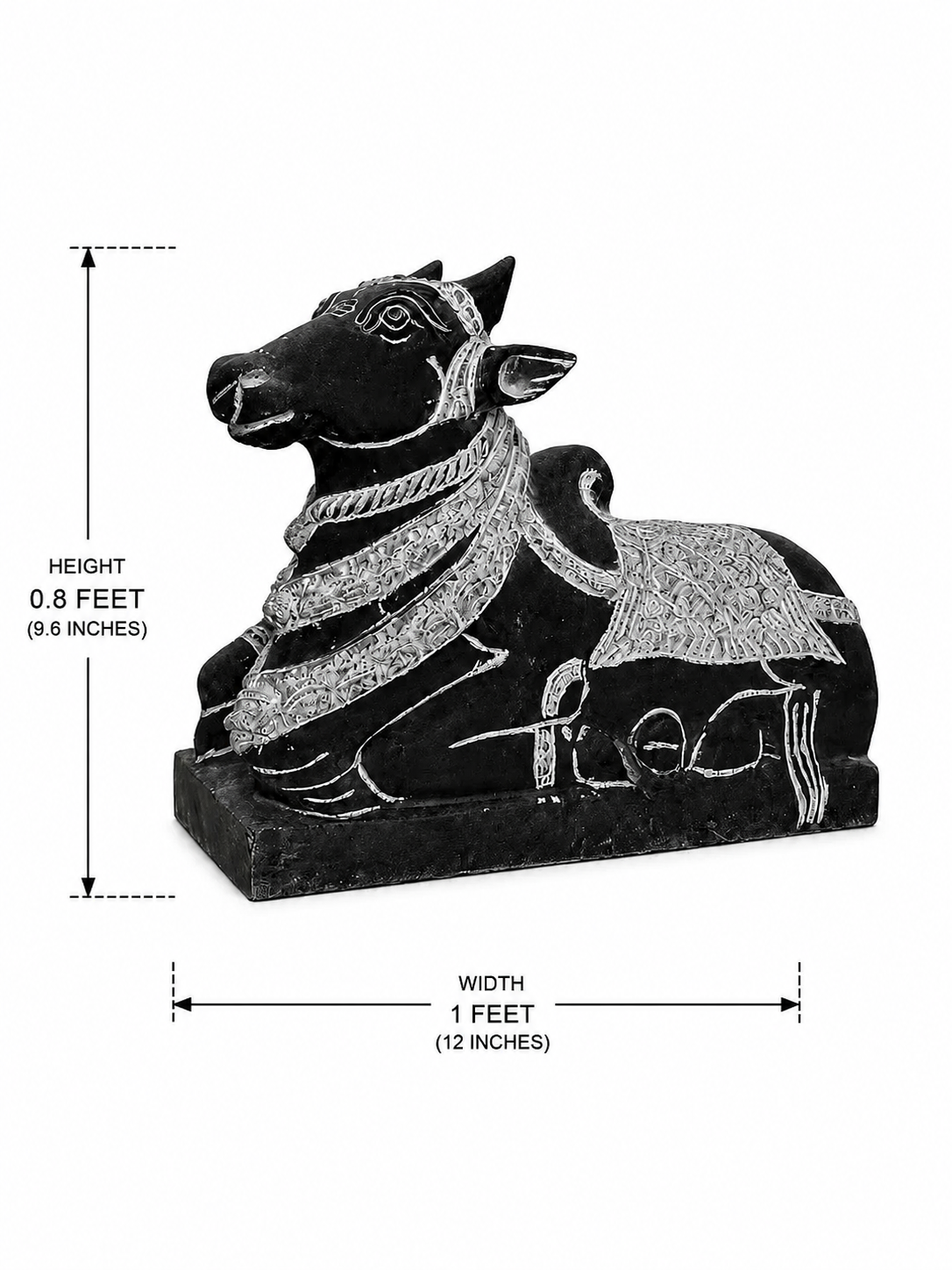 A black stone-style reclining cow figurine with carved light detailing, shown on a white background with dimension arrows indicating height 0.8 feet (24.