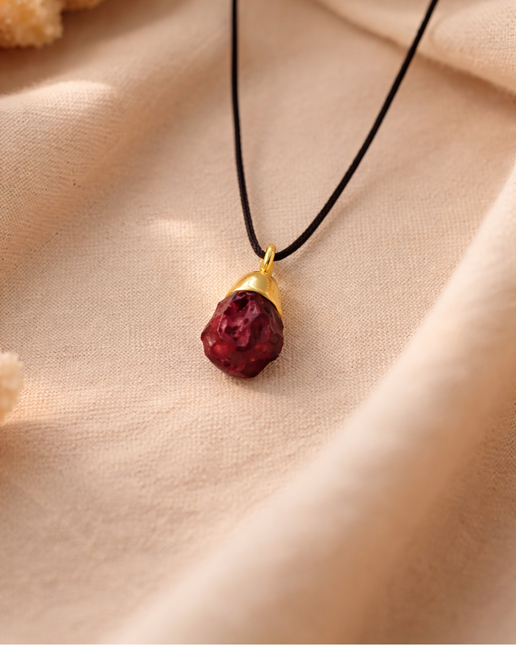 Raw garnet necklace with black cord on beige aesthetic background