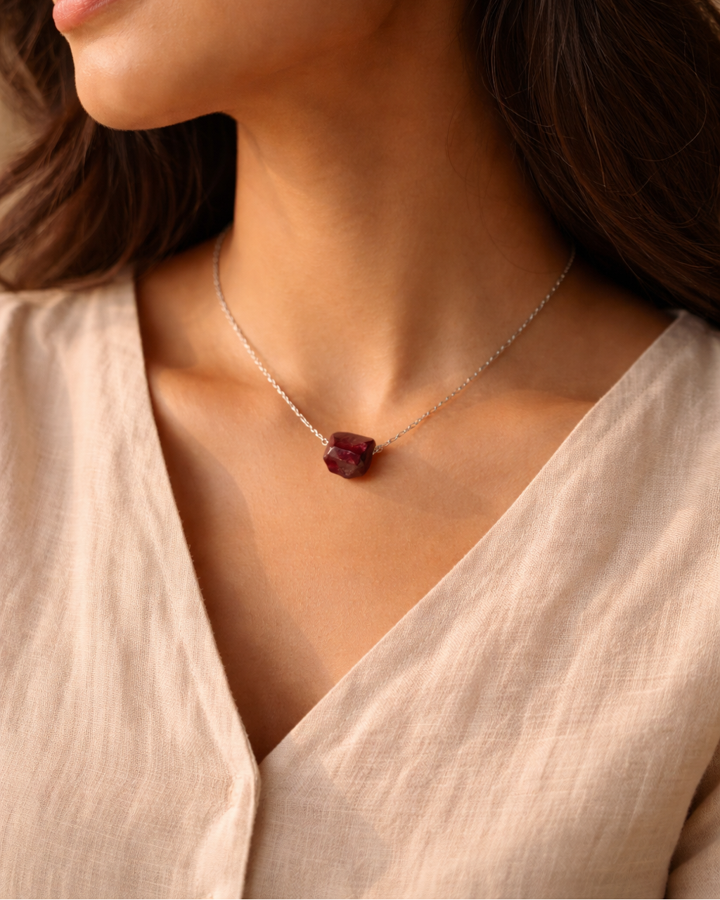 Handcrafted natural garnet stone pendant lifestyle shot